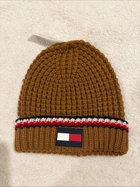 Tommy Hilfiger Caramel Brown Ribbed Beanie with Signature Stripe